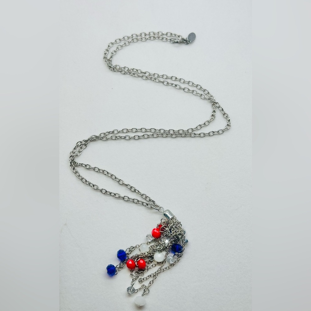 Charming Charlie Red White Blue Silver Tone Tassel Necklace July 4th America